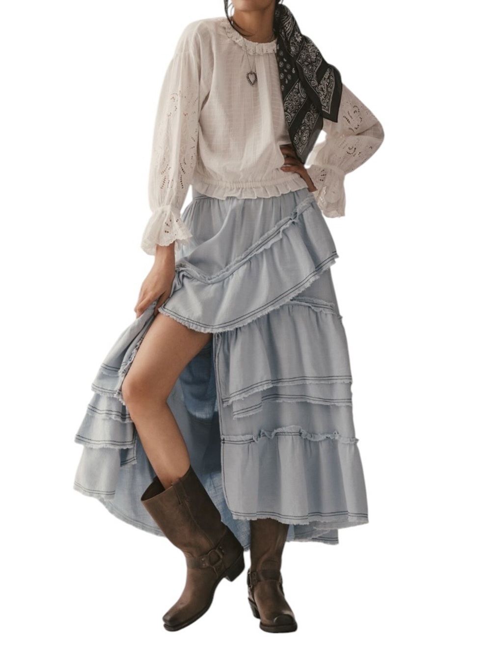 Pilcro Anthropologie Tiered Maxi Skirt Light Blue Boho Ruffle Skirt Medium